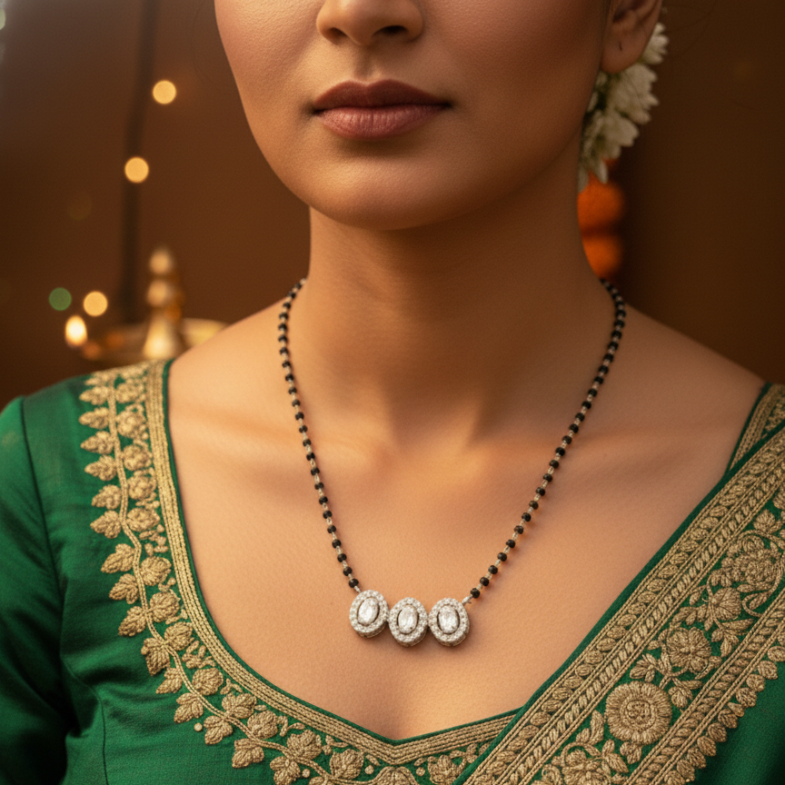Trinity Oval Halo CZ Mangalsutra Pendant in 925 Sterling Silver