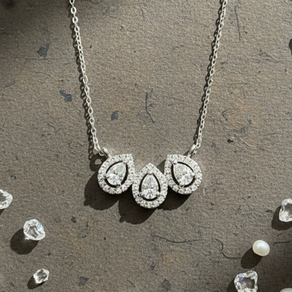 Trinity Pear Halo CZ Pendant | 925 Sterling Silver