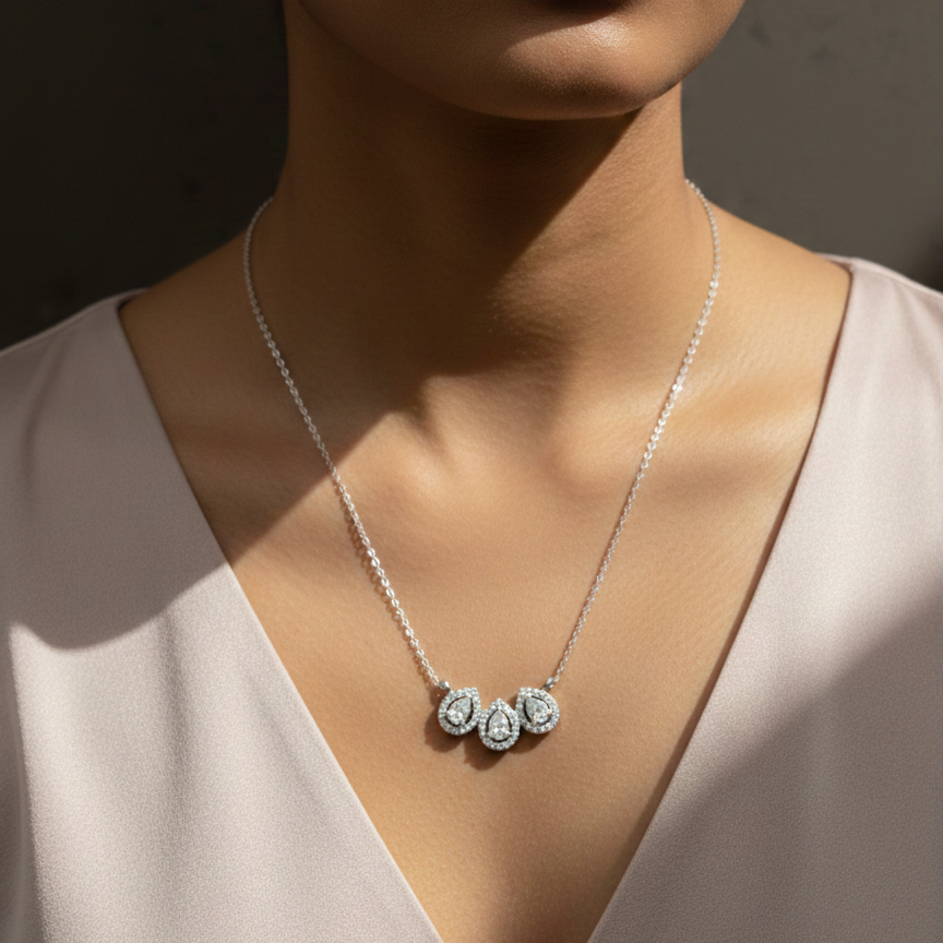 Trinity Pear Halo CZ Pendant | 925 Sterling Silver