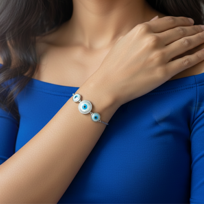 Triple Evil Eye Protection Bracelet in 925 Sterling Silver