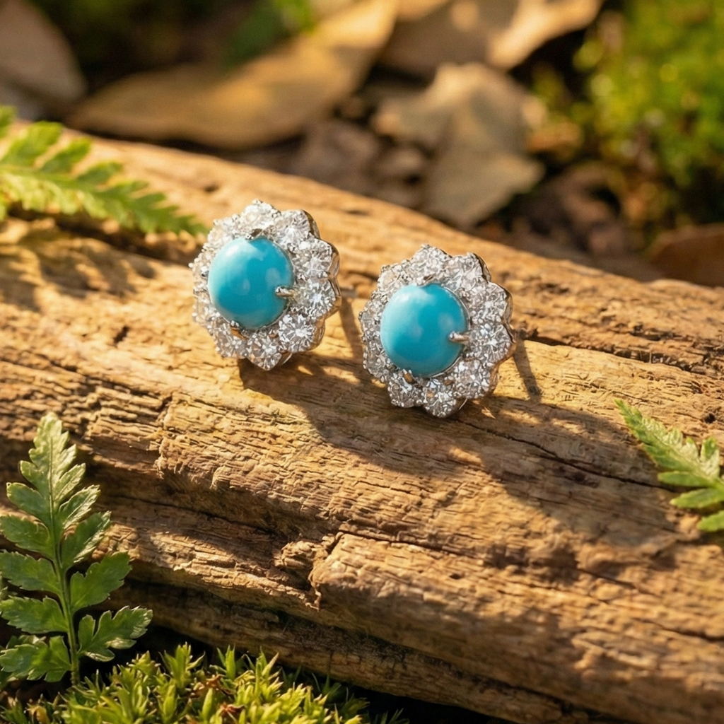 Turquoise Bloom Floral Halo Stud Earrings – 925 Sterling Silver