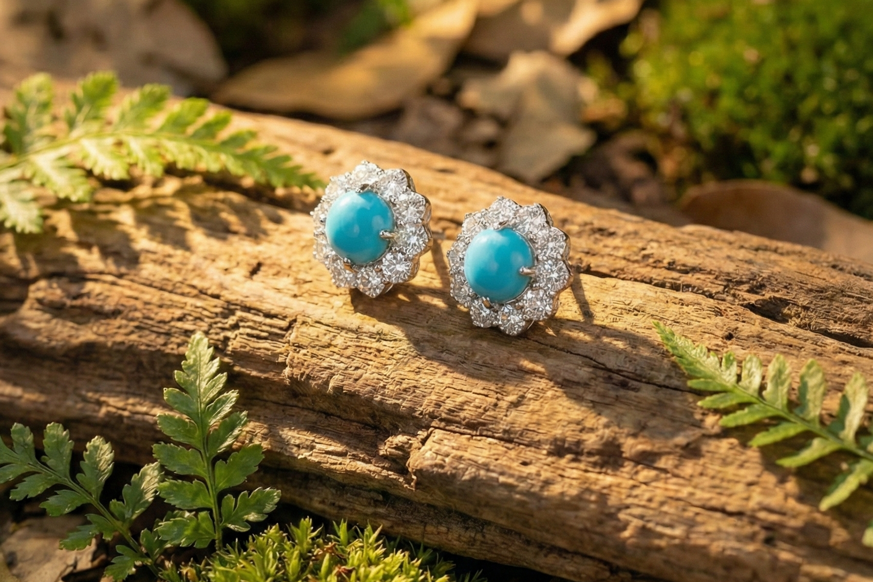 Turquoise Bloom Floral Halo Stud Earrings – 925 Sterling Silver