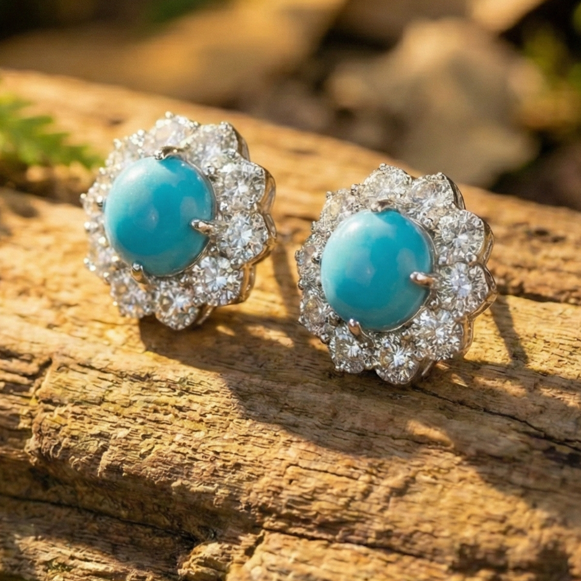 Turquoise Bloom Floral Halo Stud Earrings – 925 Sterling Silver