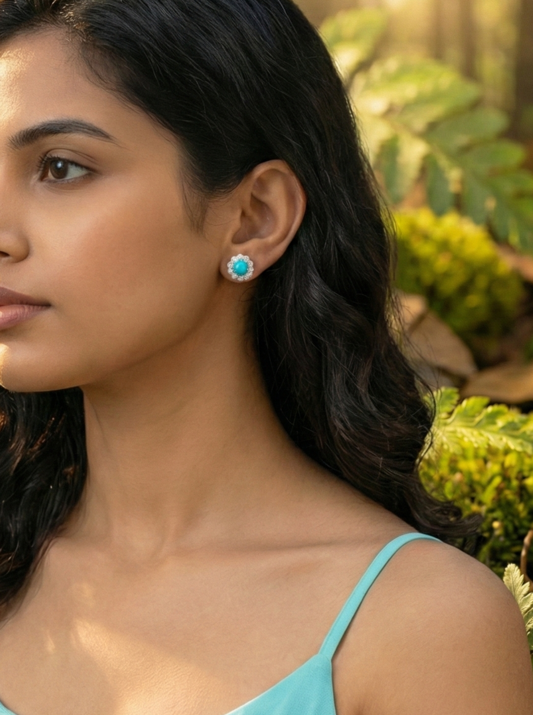 Turquoise Bloom Floral Halo Stud Earrings – 925 Sterling Silver