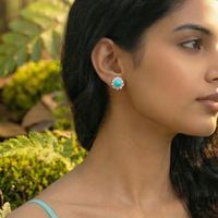 Turquoise Bloom Floral Halo Stud Earrings – 925 Sterling Silver