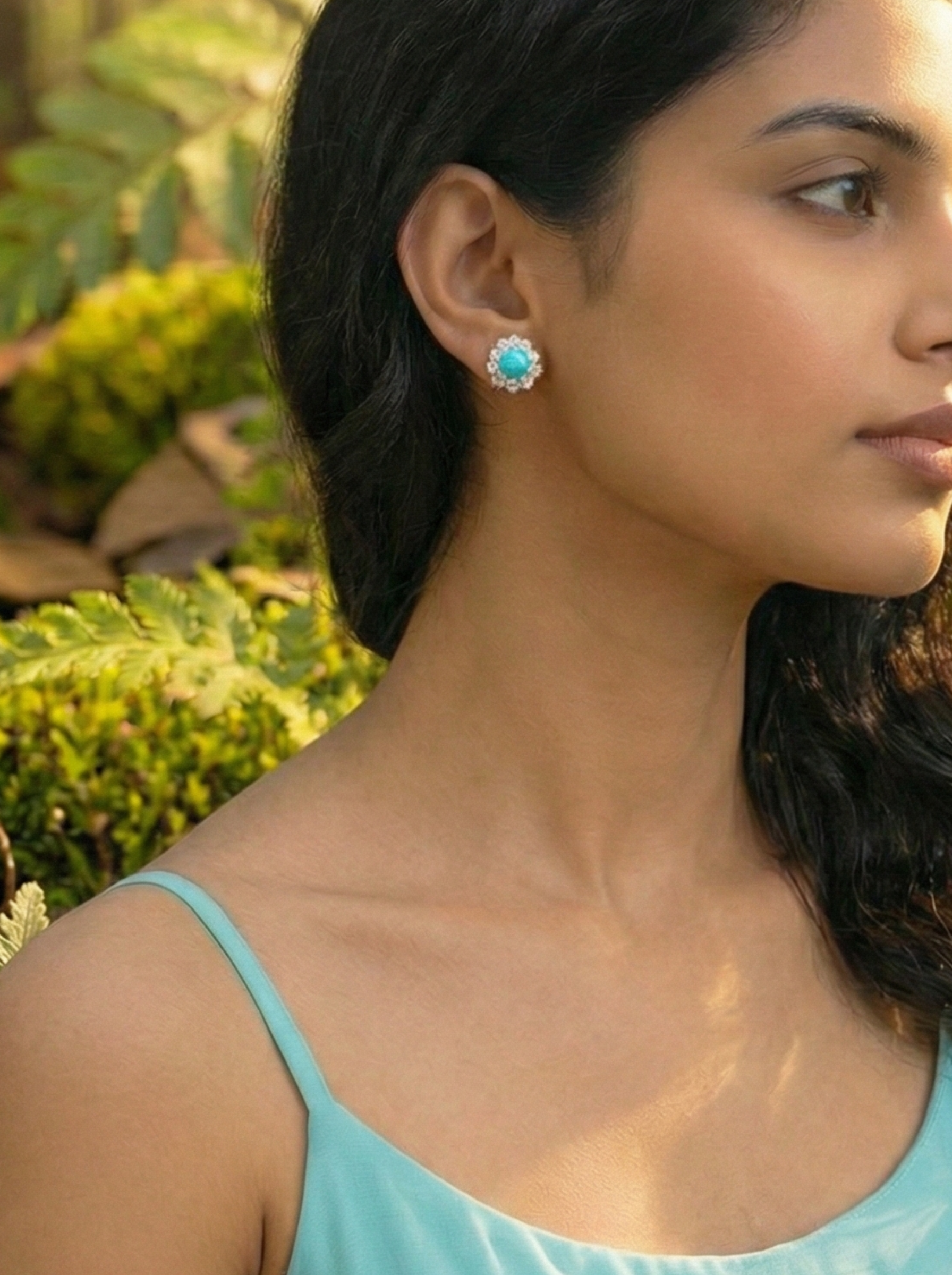 Turquoise Bloom Floral Halo Stud Earrings – 925 Sterling Silver