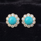 Turquoise Bloom Floral Halo Stud Earrings – 925 Sterling Silver