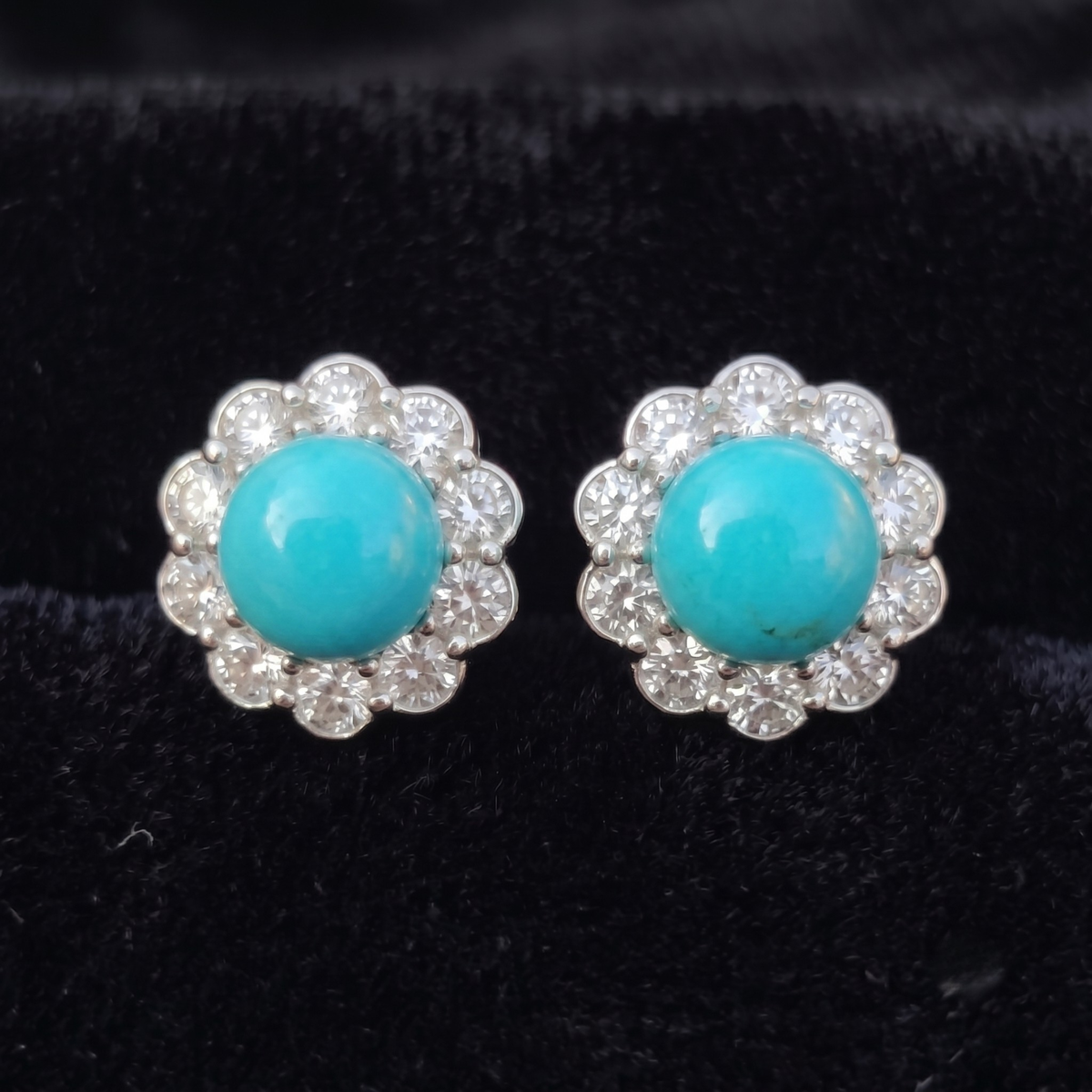 Turquoise Bloom Floral Halo Stud Earrings – 925 Sterling Silver