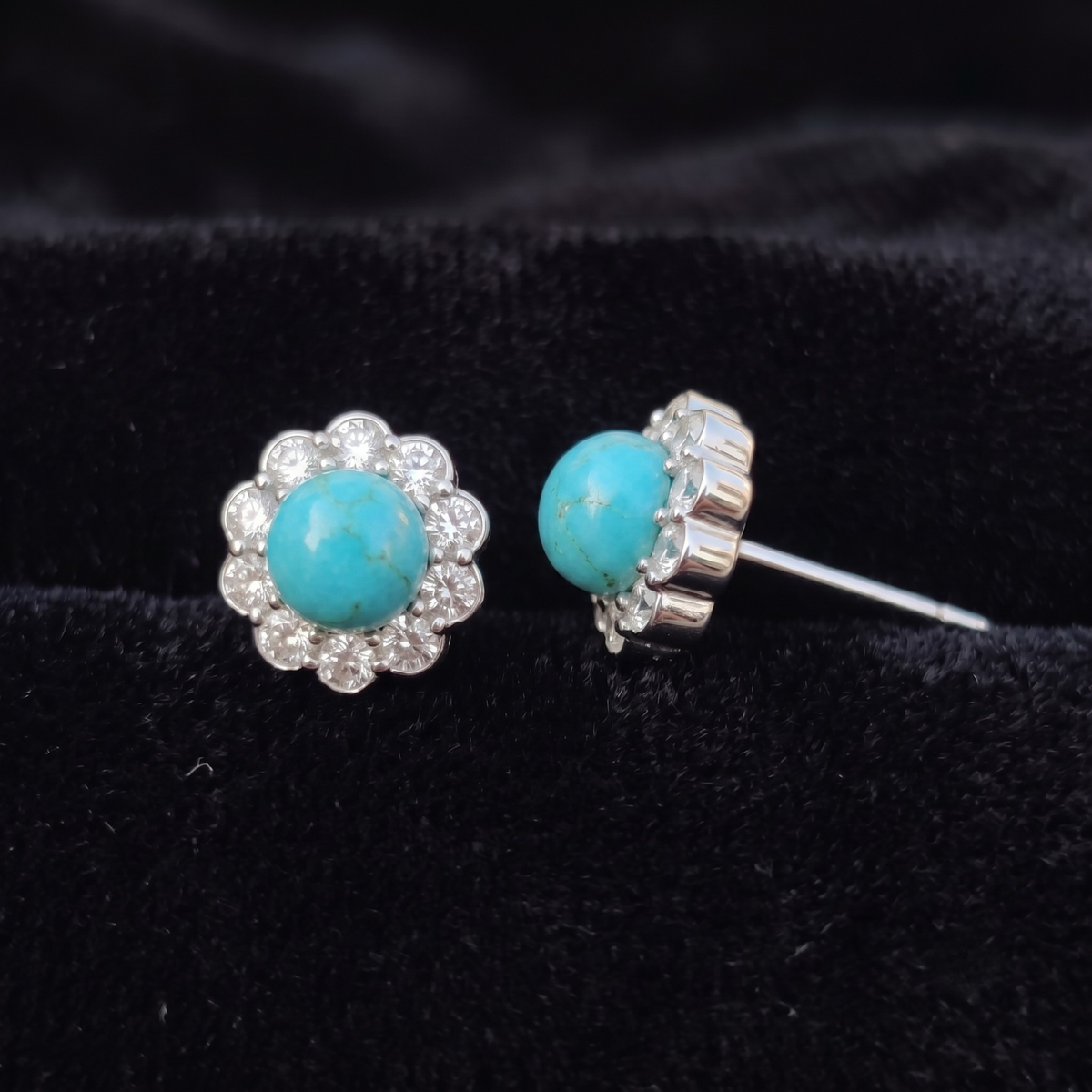 Turquoise Bloom Floral Halo Stud Earrings – 925 Sterling Silver