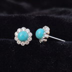 Turquoise Bloom Floral Halo Stud Earrings – 925 Sterling Silver