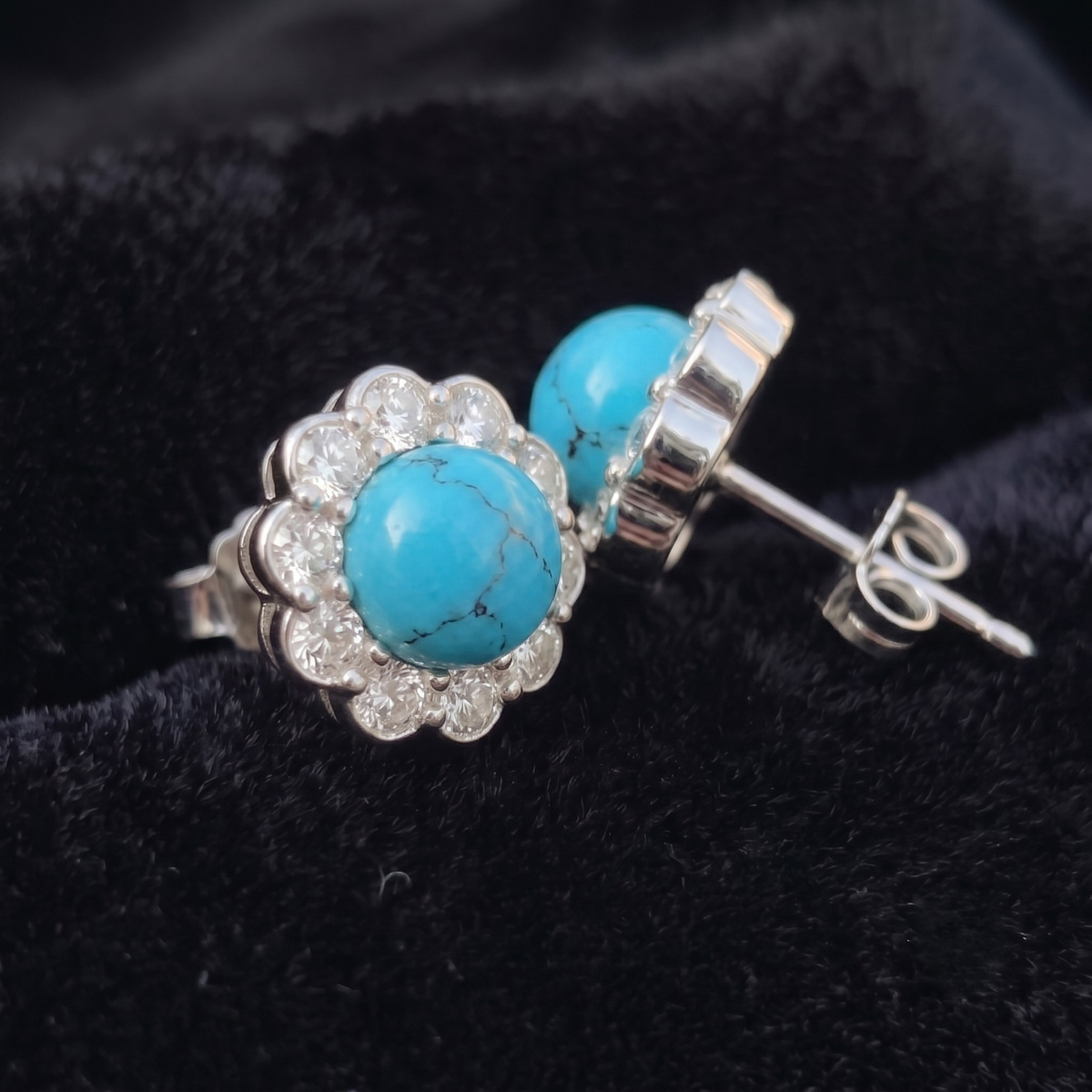 Turquoise Bloom Floral Halo Stud Earrings – 925 Sterling Silver