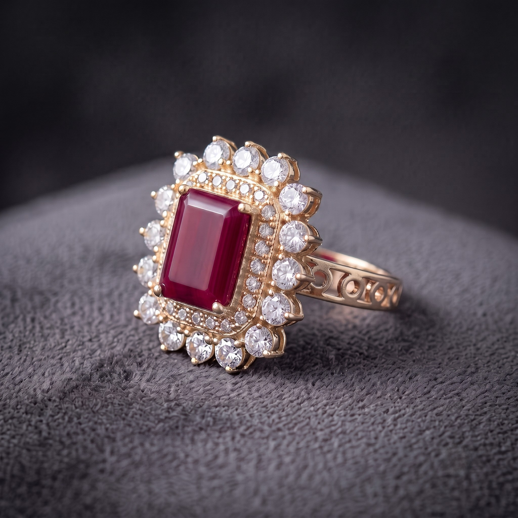 Vintage Crimson Statement Ring with CZ Double Halo in 925 Sterling Silver