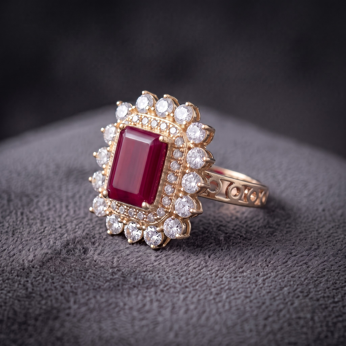 Vintage Crimson Statement Ring with CZ Double Halo in 925 Sterling Silver