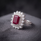 Vintage Crimson Statement Ring with CZ Double Halo in 925 Sterling Silver