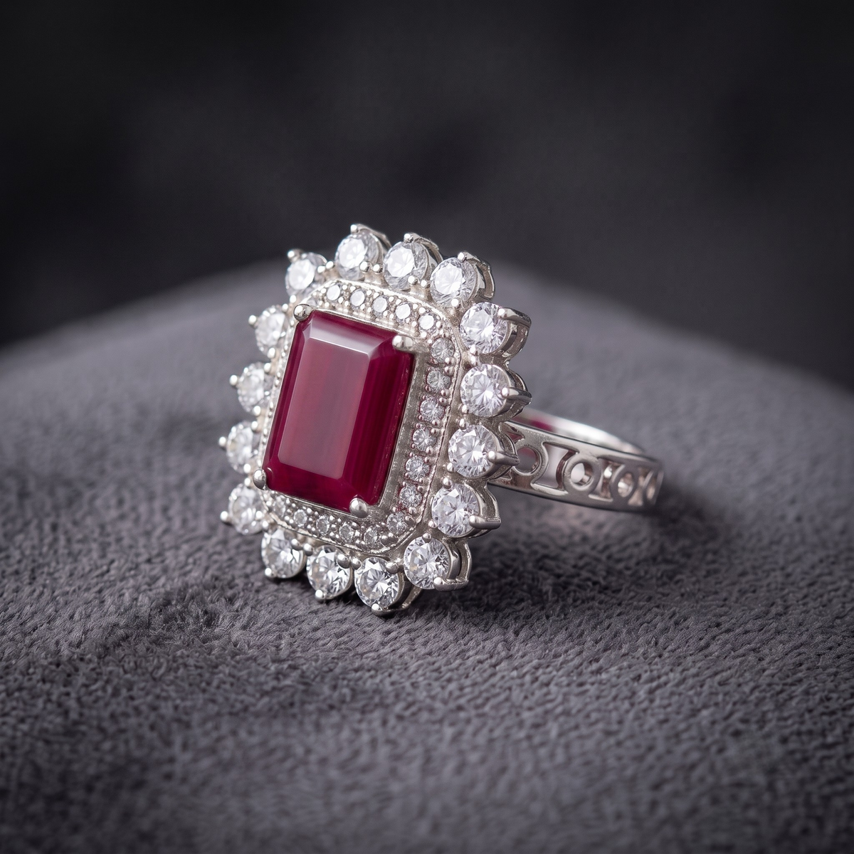 Vintage Crimson Statement Ring with CZ Double Halo in 925 Sterling Silver