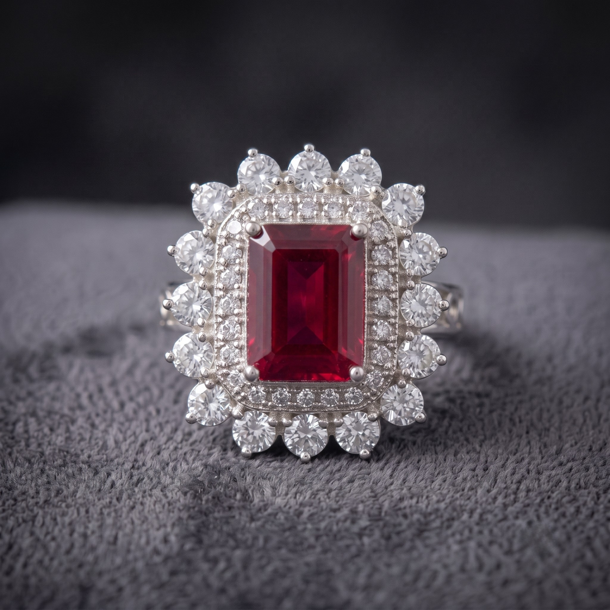Vintage Crimson Statement Ring with CZ Double Halo in 925 Sterling Silver