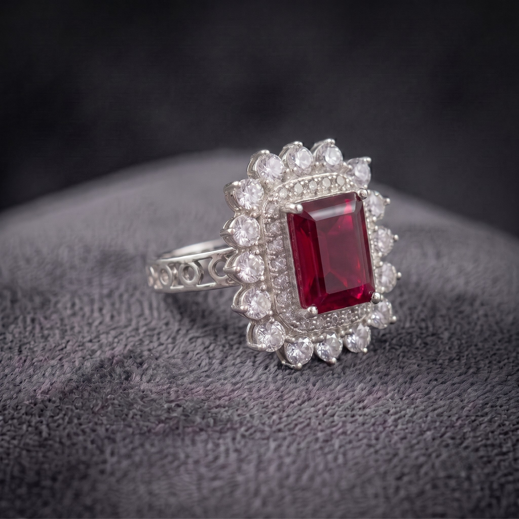 Vintage Crimson Statement Ring with CZ Double Halo in 925 Sterling Silver