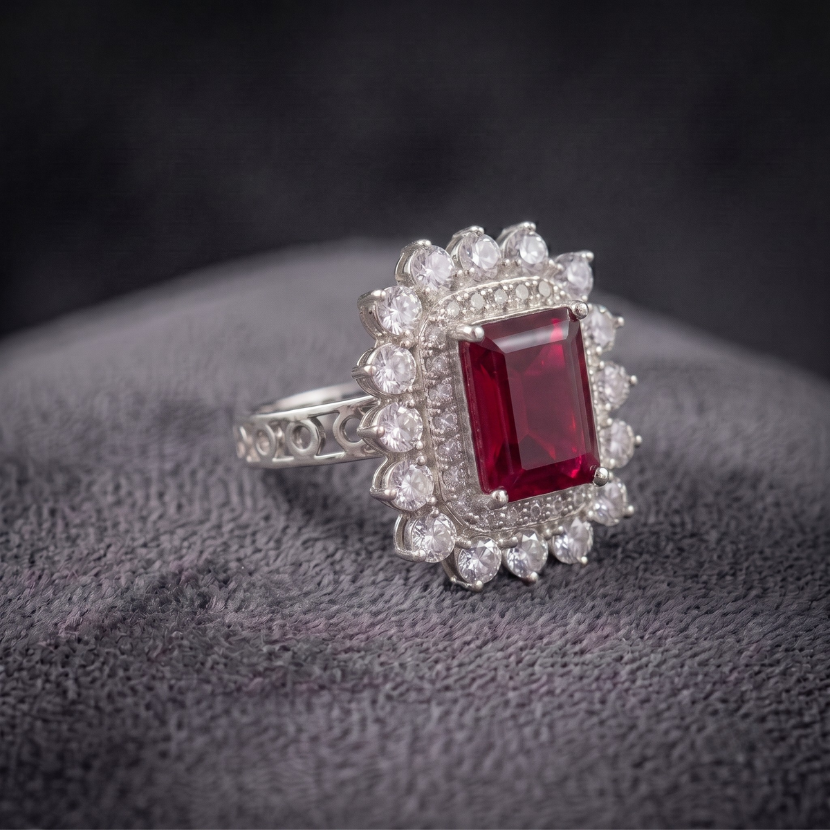 Vintage Crimson Statement Ring with CZ Double Halo in 925 Sterling Silver
