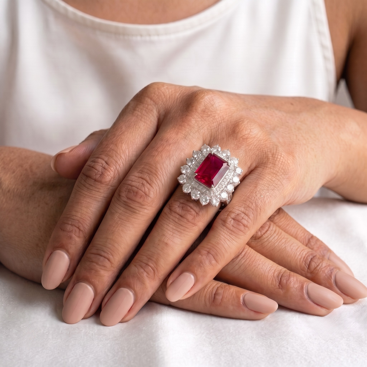 Vintage Crimson Statement Ring with CZ Double Halo in 925 Sterling Silver
