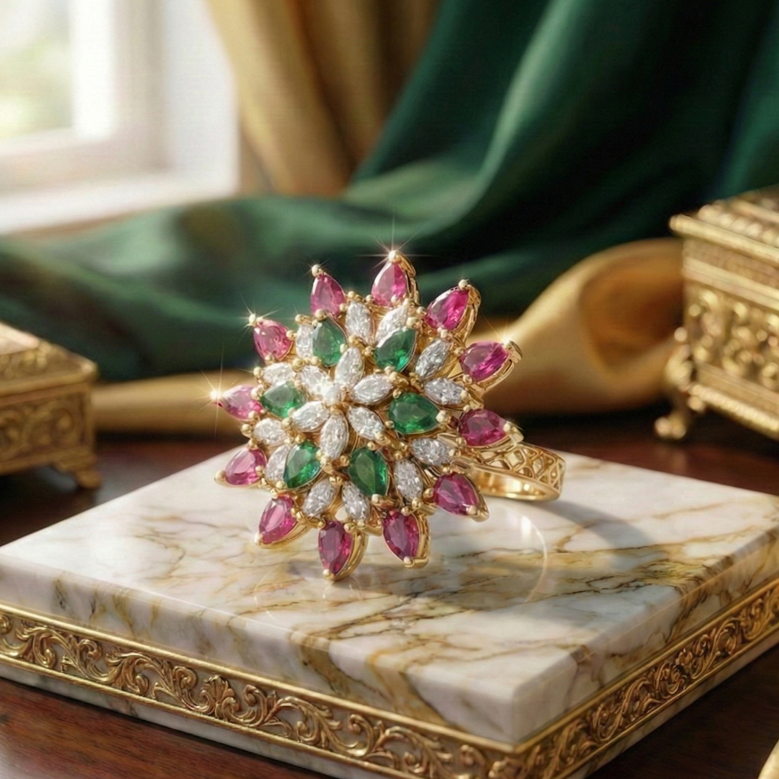 925 Sterling Silver Wildflower Starburst Adjustable Cocktail Ring