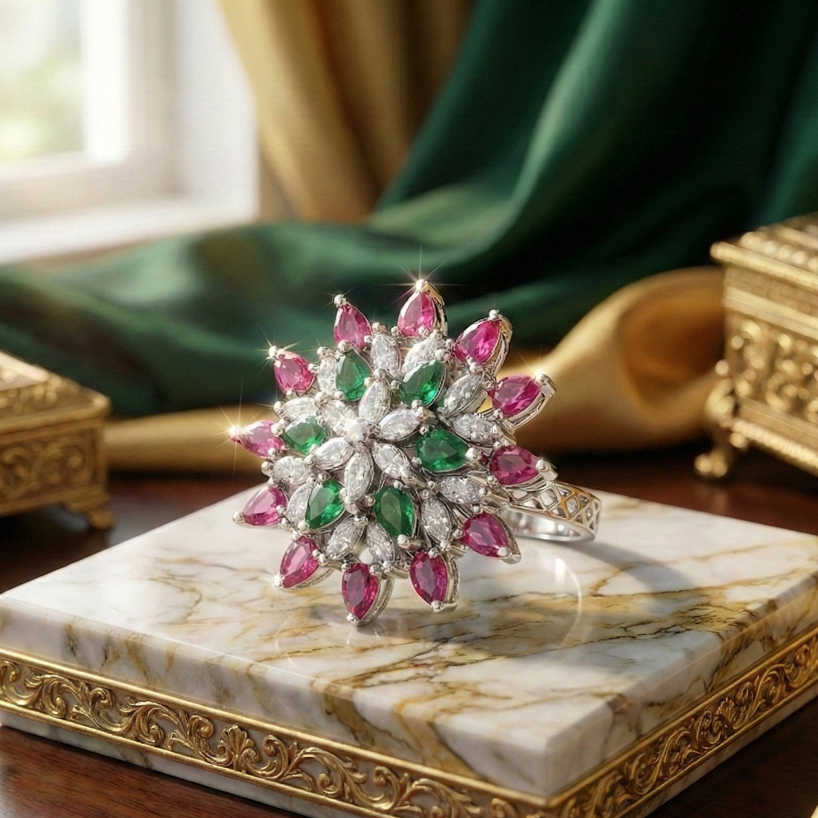 925 Sterling Silver Wildflower Starburst Adjustable Cocktail Ring