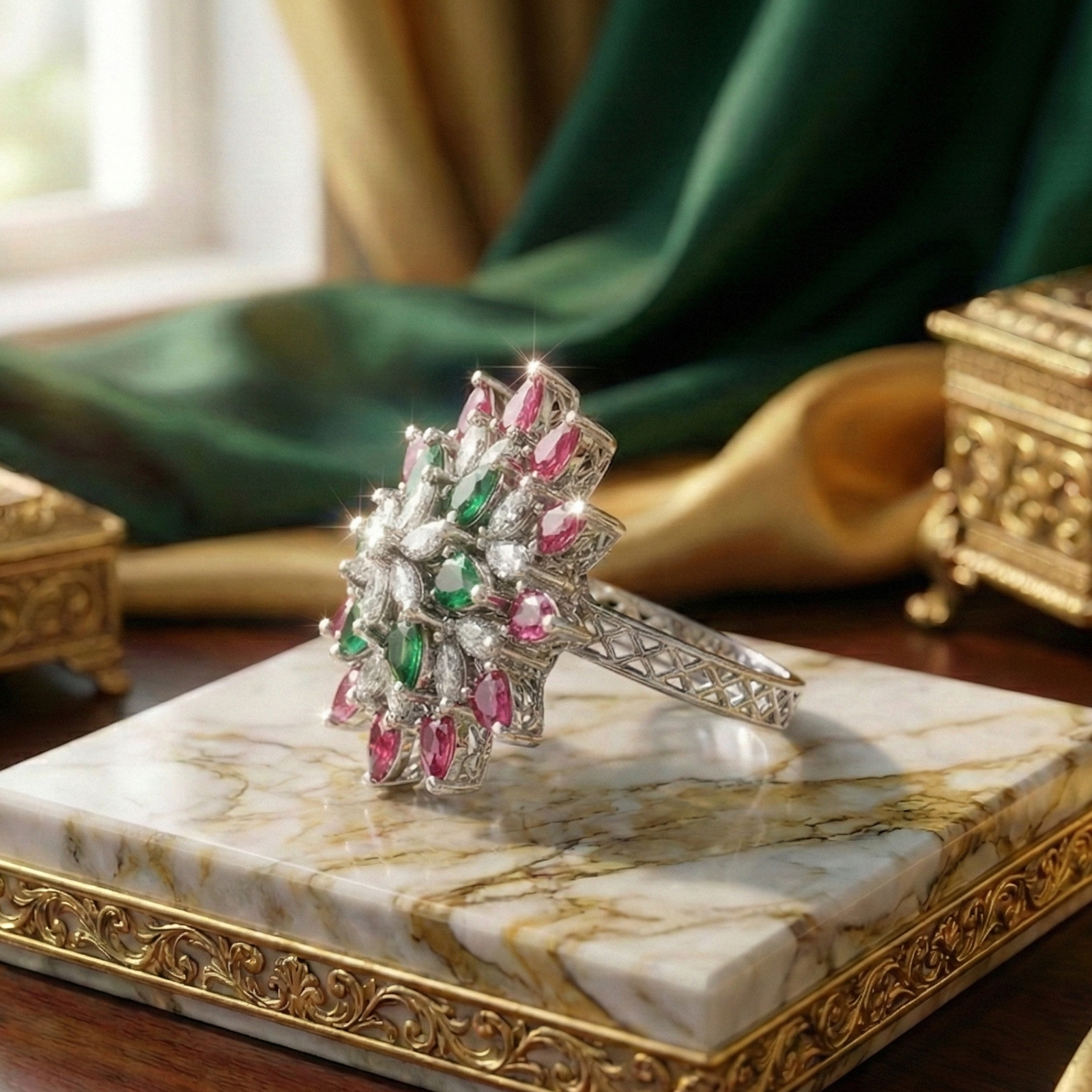 925 Sterling Silver Wildflower Starburst Adjustable Cocktail Ring