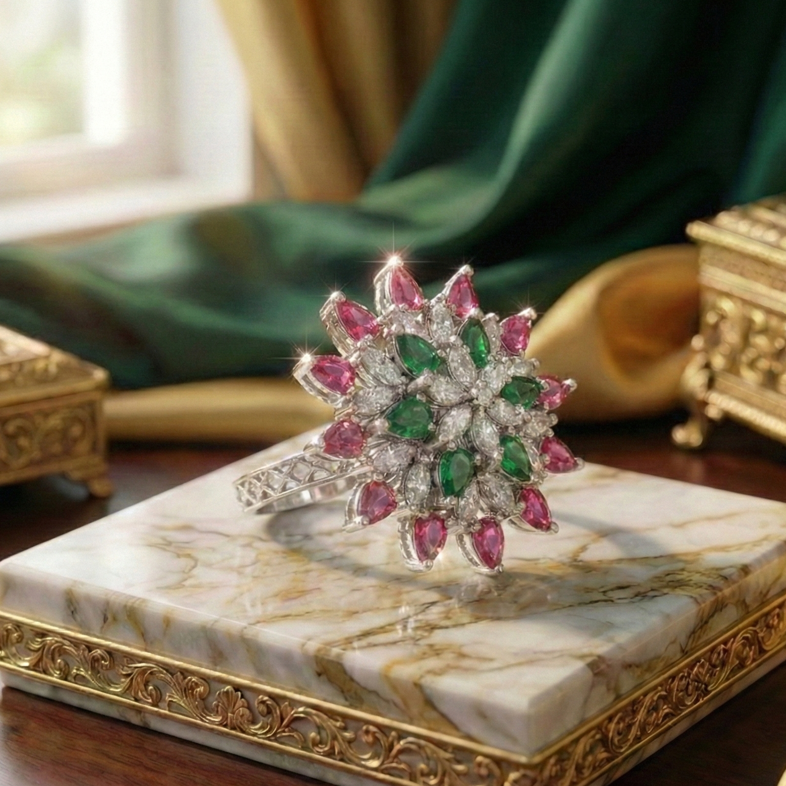 925 Sterling Silver Wildflower Starburst Adjustable Cocktail Ring