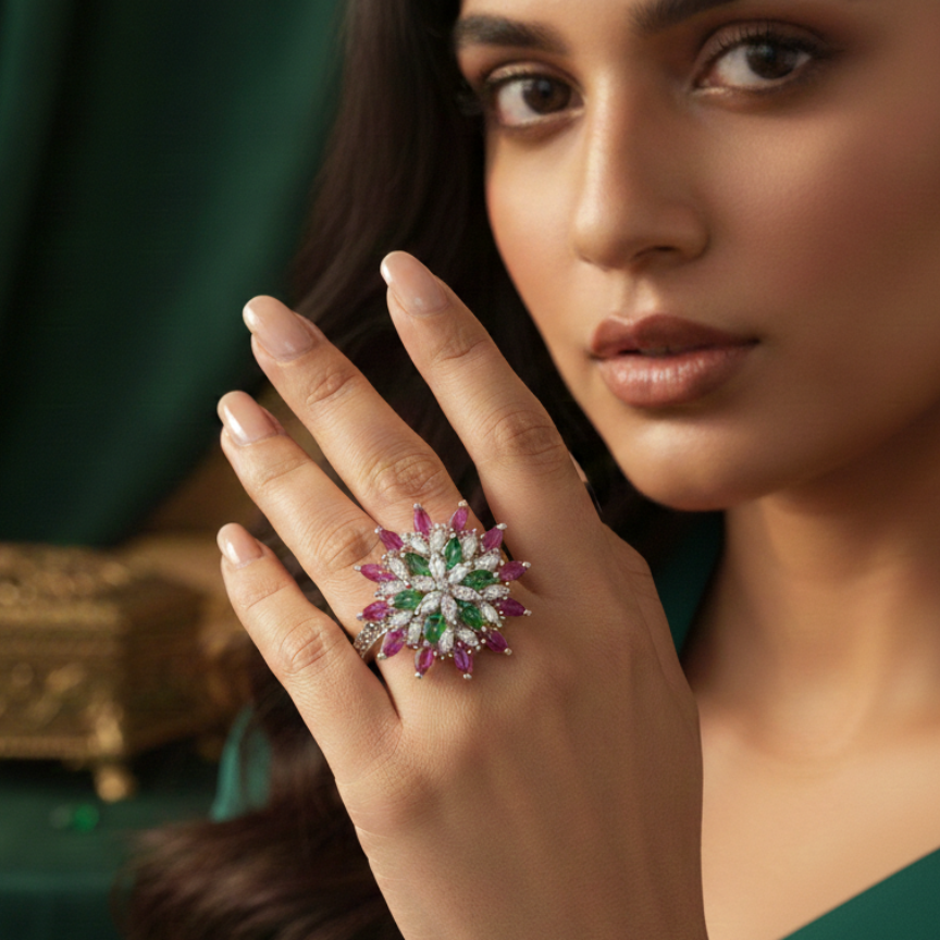 925 Sterling Silver Wildflower Starburst Adjustable Cocktail Ring