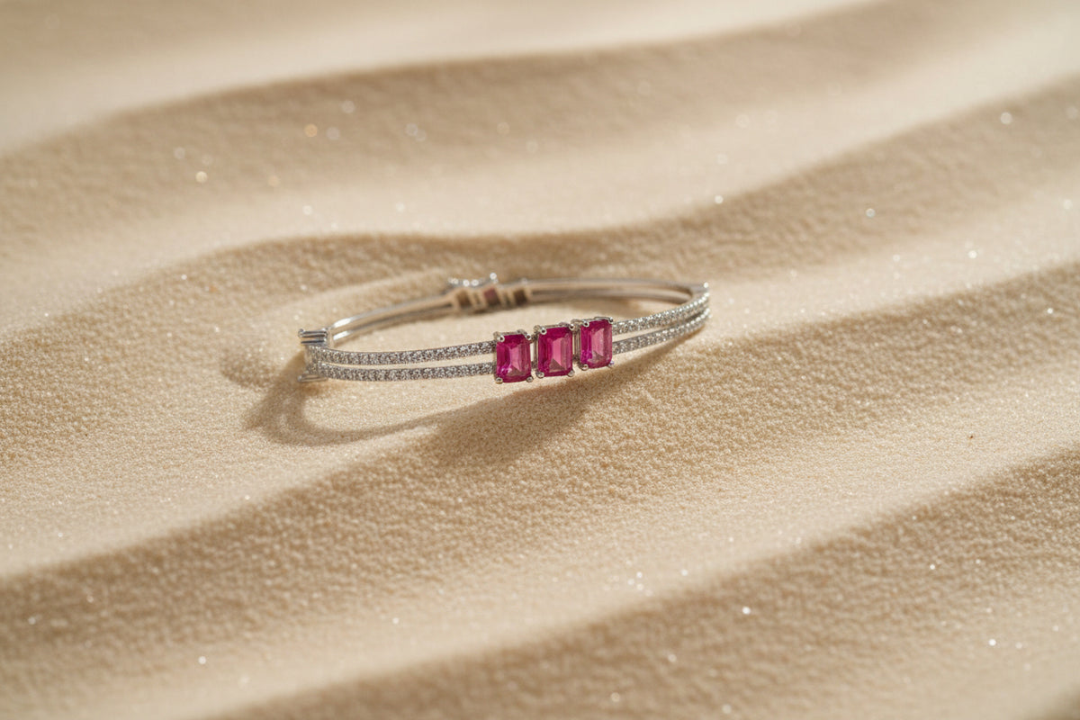 Signature Ruby Trio Baguette Bangle in 925 Sterling Silver
